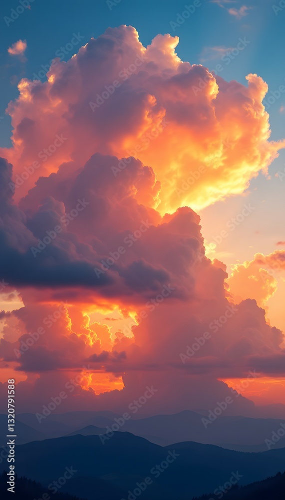 Naklejka premium Dramatic Clouds Glowing at Sunset Over Mountain Landscape Scenery