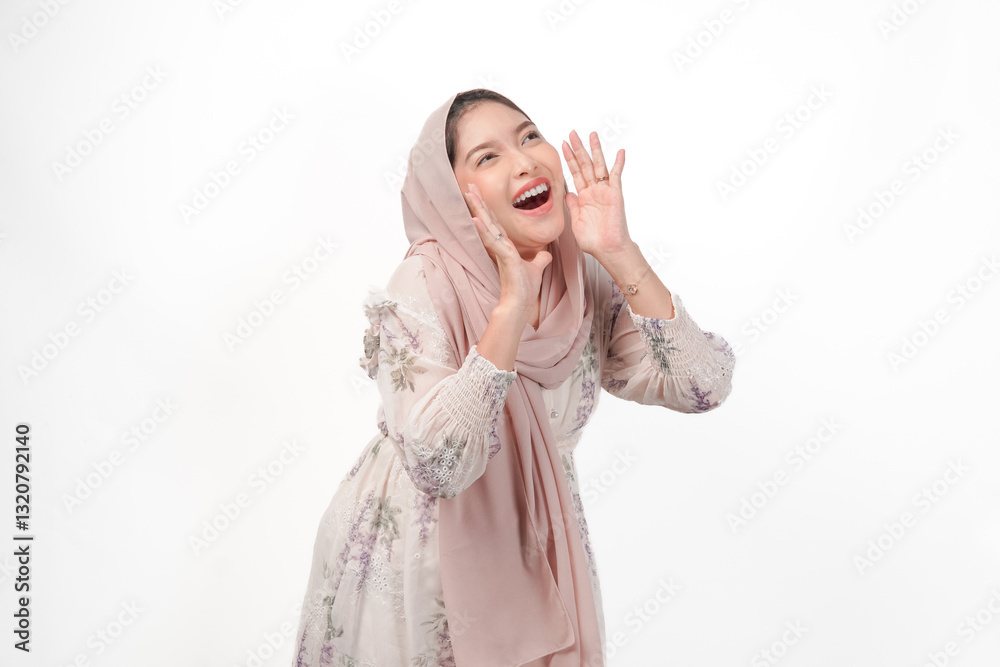 Energetic Asian muslim pregnant woman in hijab doing shout or whispering a secret gesture. Energetic Asian muslim pregnant woman in hijab doing shout or whispering a secret gesture.