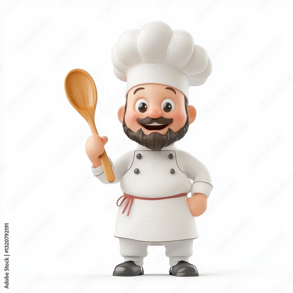 Friendly chef wearing a white hat and apron, holding a wooden spoon, isolated on a white background Friendly chef wearing a white hat and apron, holding a wooden spoon, isolated on a white background