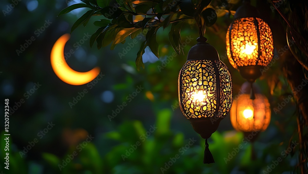 Fototapeta premium Ornate Lanterns Glowing Under a Crescent Moon at Night