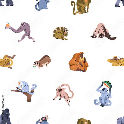 Repeatable pattern of happy monkey characters. Endless background of different cute jungle primates- orangutan, gorilla, marmoset. Funny exotic animals with fruit. Flat seamless vector illustration