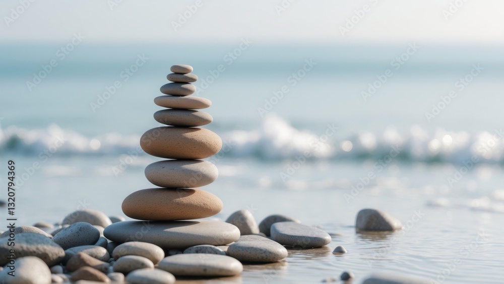 Fototapeta premium A carefully balanced stack of smooth stones beside the ocean.