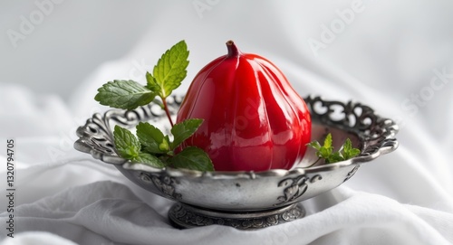 Glossy Red Jujube Fruit in Ornate Bowl with Mint Garnish