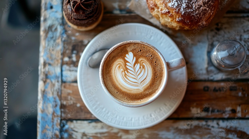 Fototapeta premium Experience the allure of a French cafe where a creamy latte adorned with exquisite latte art pairs perfectly with a delicate pastry, all on a rustic wooden table