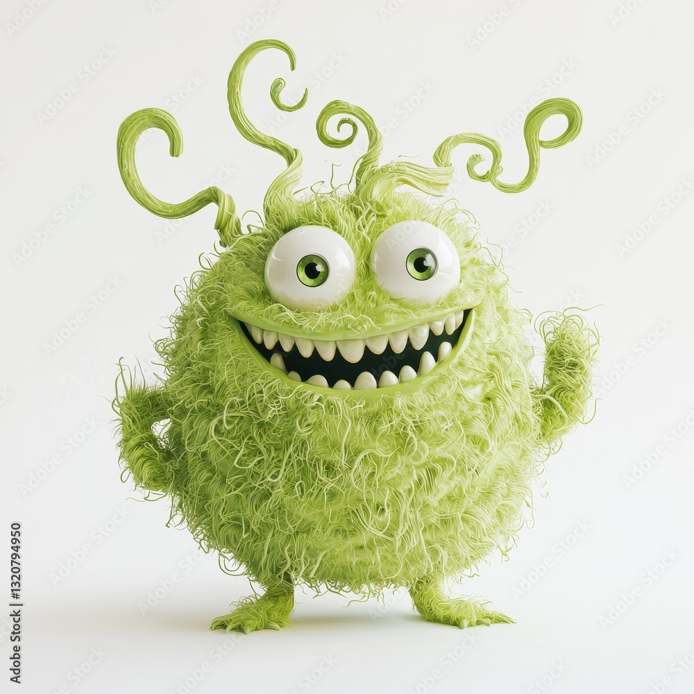 Fototapeta premium Lime Green Fluffy Monster with Swirly Antennae and a Happy Giggle, isolated on clear white background