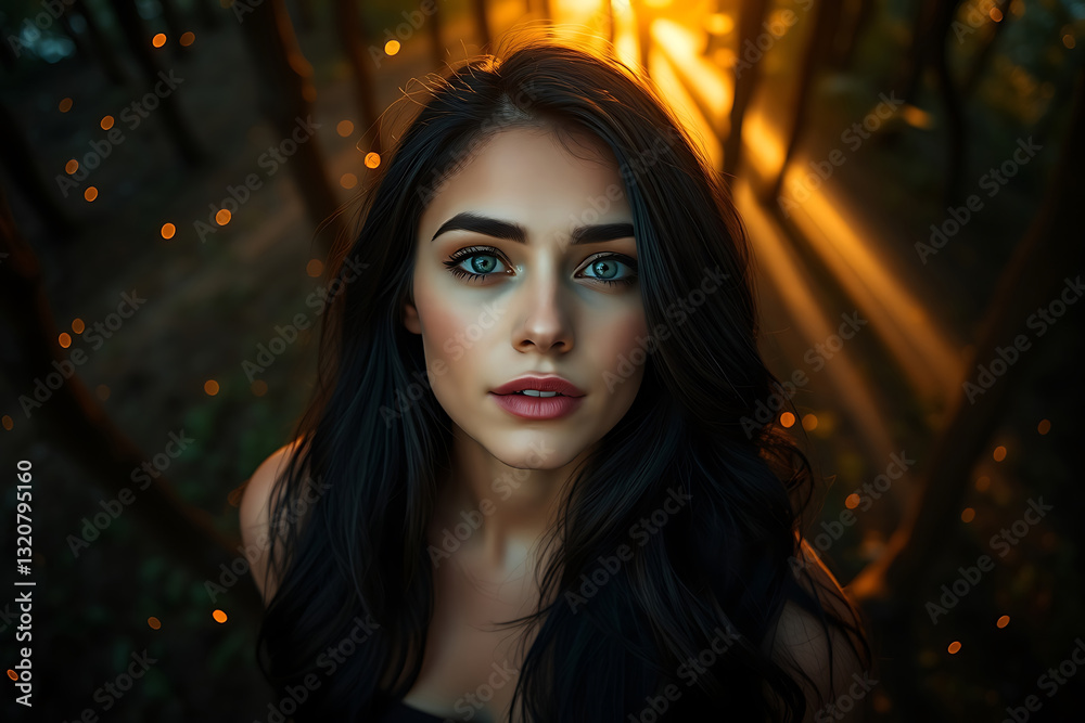 Vibrant, mystical forest scene stock-image featuring a lively woman with warm skin, surrounded by enchanting trees and soft light, creating a magical Vibrant, mystical forest scene stock-image featuring a lively woman with warm skin, surrounded by enchanting trees and soft light, creating a magical