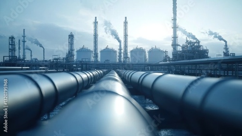 Industrial landscape with pipelines leading to oil refinery under blue sky and smoke in the distance during early morning hours