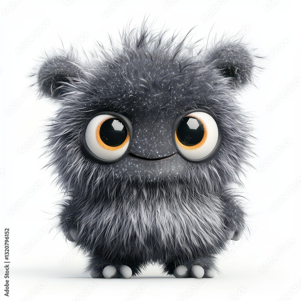 Fototapeta premium Silver Grey Fluffy Monster with Starry Fur and Playful Ears, isolated on clear white background