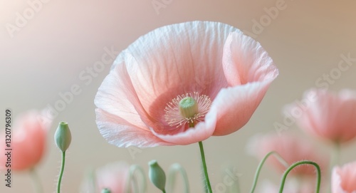 Delicate Pink Poppy Flower on Pastel Background.