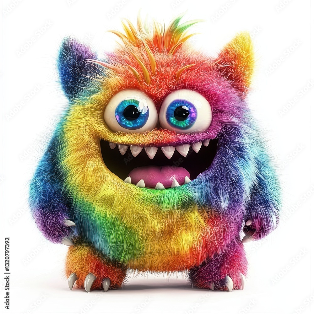 Fototapeta premium Rainbow Fluffy Monster with Multi-Colored Fur and Happy Expression, isolated on clear white background