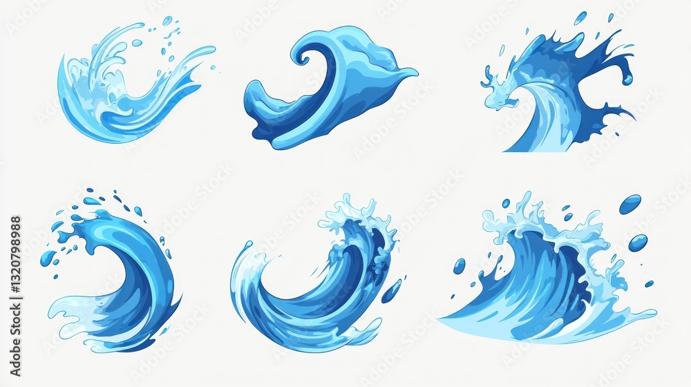 Fototapeta premium Cartoon water wave splash set, various forms, vector, graphic design, illustration, background, possible use stock, web, print, etc