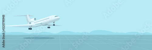 Airplane taking off from the runway with landing gear retracting, set against a blue sky and distant mountains. Travel and aviation concept. Vector illustration