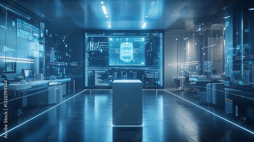 Fototapeta premium Futuristic laboratory with data displayed on large digital screens