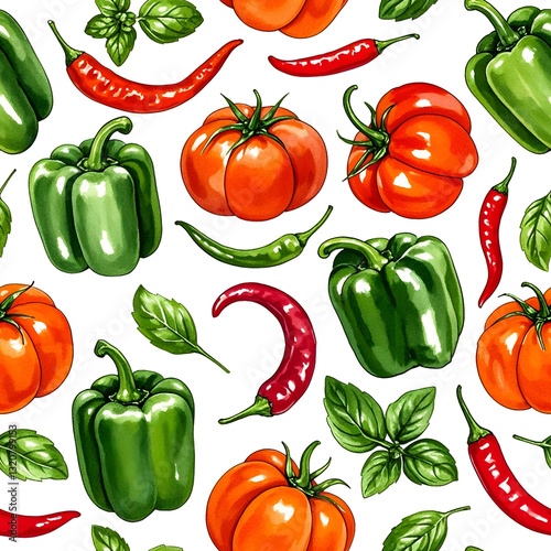 Artistic seamless pattern featuring green peppers, basil leaves, ripe tomatoes, and red chilies in a modern layout.