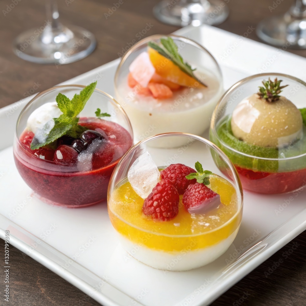 Assorted fruit jelly desserts in glass bowls on a stylish plate with copy space Assorted fruit jelly desserts in glass bowls on a stylish plate with copy space