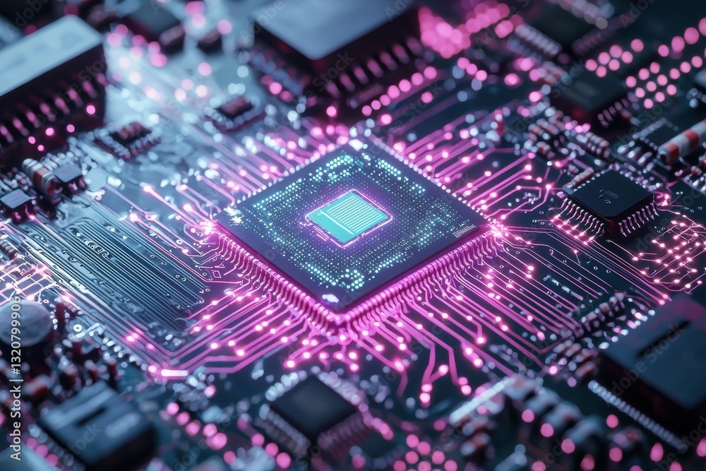 A vibrant computer motherboard with a central processing unit, illuminated by pink and blue neon lights, showcasing modern technology and advanced computing power. A vibrant computer motherboard with a central processing unit, illuminated by pink and blue neon lights, showcasing modern technology and advanced computing power.