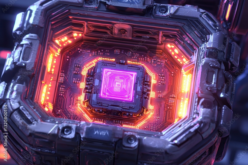 Obraz premium A futuristic AI core pulsating with vibrant pink energy, surrounded by intricate circuit patterns and advanced technology details for a cutting-edge design.