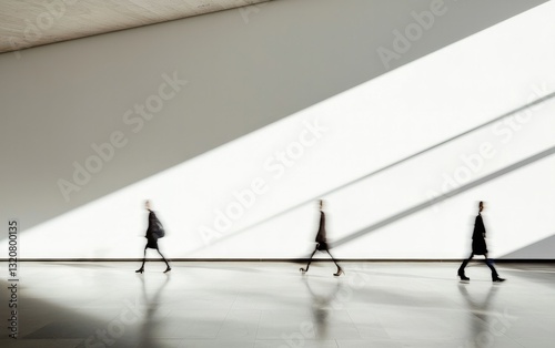 Three Figures Walking in Sunlit Minimalist Interior