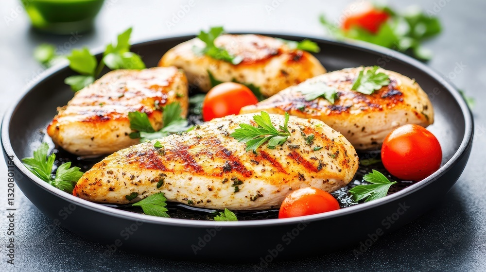 Grilled Chicken Breasts with Cherry Tomatoes and Fresh Herbs on Dark Plate Grilled Chicken Breasts with Cherry Tomatoes and Fresh Herbs on Dark Plate