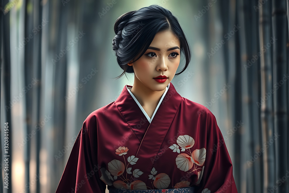 Fototapeta premium Chinese woman in a patterned kimono stock-image, gracefully walking through a serene bamboo forest, blending traditional