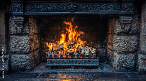 A medieval style stone fireplace with fire. The fire is orange and yellow