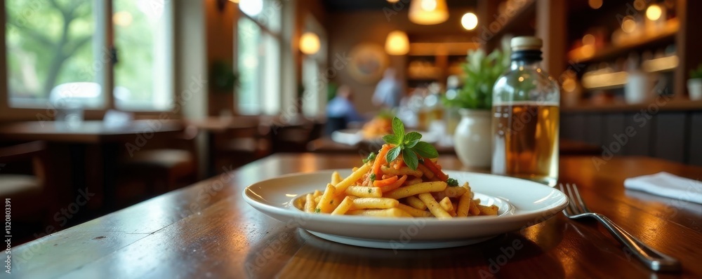A restaurant table setting with a delicious meal , plate, cutlery, appetizing A restaurant table setting with a delicious meal , plate, cutlery, appetizing
