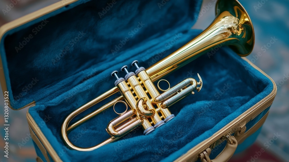 Obraz premium Elegant Gold Trumpet in Soft Blue Velvet Lined Case