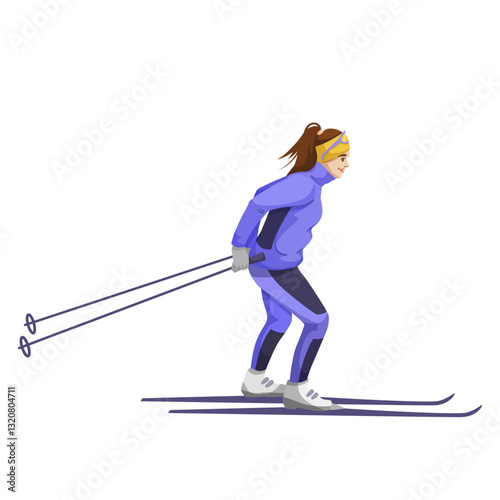 Woman skier in winter sportswear skiing with poles on a white background. Concept of outdoor winter sport and activity. Vector illustration