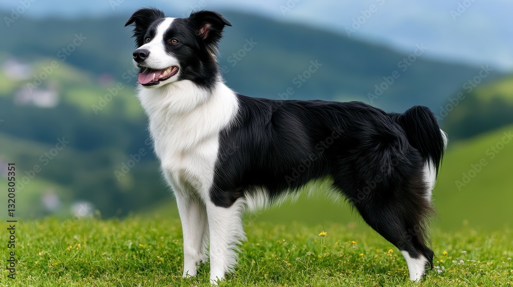 Playful Border Collie Standing on Green Grass with Scenic Background in Bright Daylight Playful Border Collie Standing on Green Grass with Scenic Background in Bright Daylight