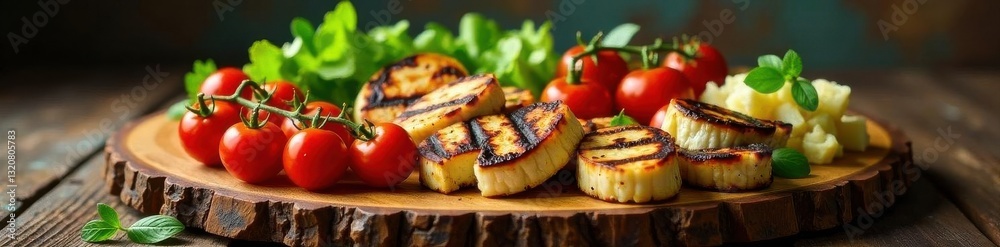 Giant rustic wooden serving platter brimming with grilled veggies & bright cherry tomatoes , vegetables, platter Giant rustic wooden serving platter brimming with grilled veggies & bright cherry tomatoes , vegetables, platter