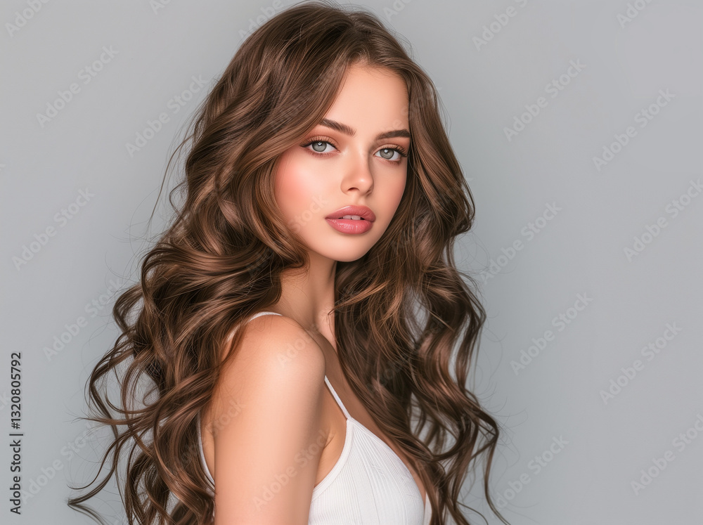 Naklejka premium Studio portrait of brunette lady indoor portrait. Gorgeous woman with make-up and long brown shiny hairstyle
