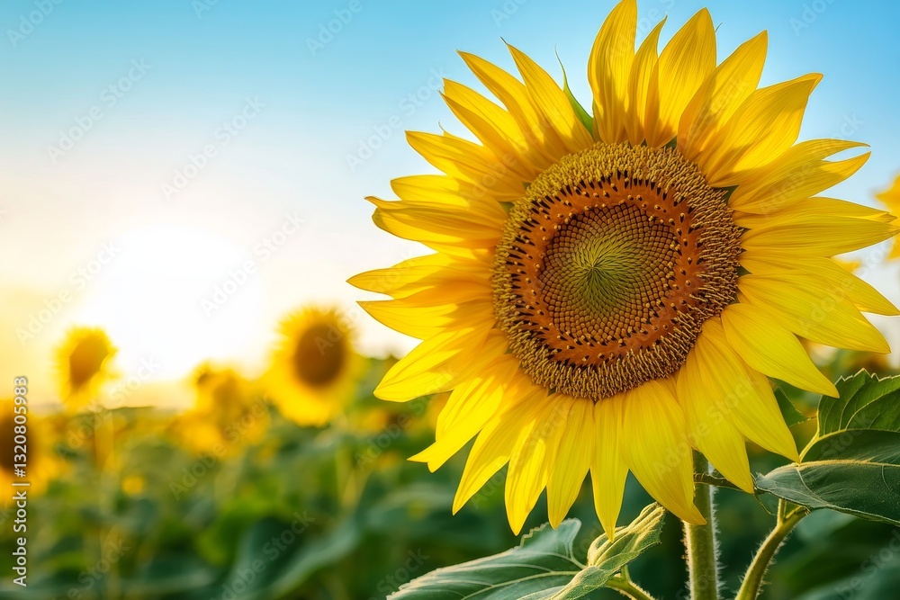 Sunflowers field, golden hour, closeup, rural landscape Sunflowers field, golden hour, closeup, rural landscape