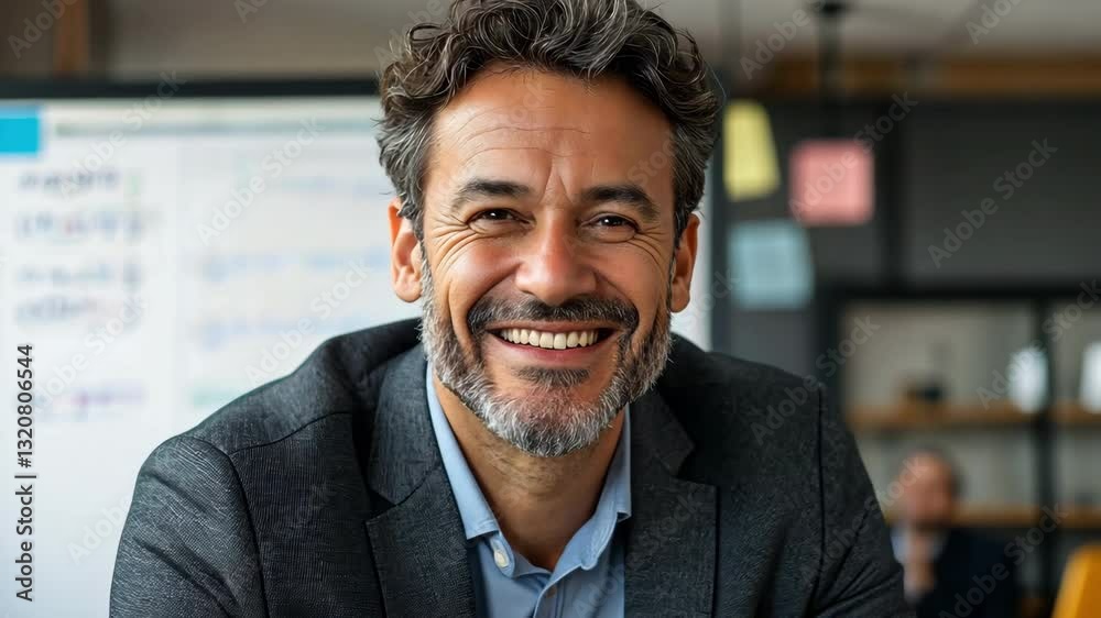 A businessman grinning while seated in front of a flip chart A businessman grinning while seated in front of a flip chart
