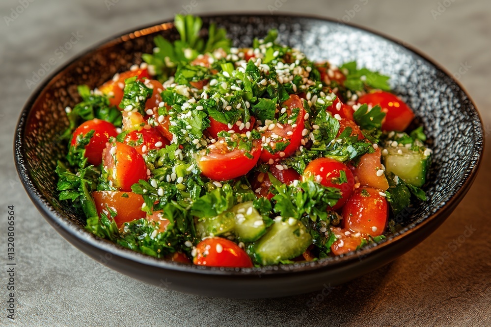 Colorful Salad with Red and Yellow Cherry Tomatoes, Sesame, and Parsley for a Refreshing Summer Meal
Colorful Salad with Red and Yellow Cherry Tomatoes, Sesame, and Parsley for a Refreshing Summer Meal