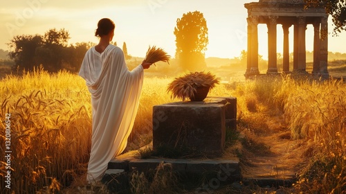 Ceremonial harvest offering at dawn during Cerealia festival, Roman priestess in white robes placing wheat sheaves on stone altar, golden morning light, ancient Rome