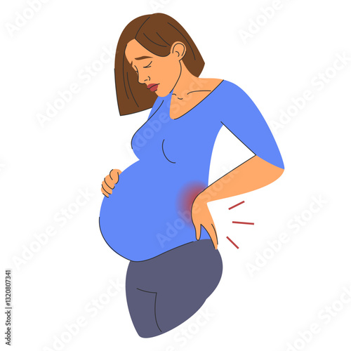 Pregnant woman suffering from pain in back vector isolated. Female character experiencing painful symptom during pregnancy. Concept of maternity, sick woman suffering.