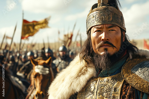 Genghis Khan leading the Mongolian army across the steppe during a historic moment photo