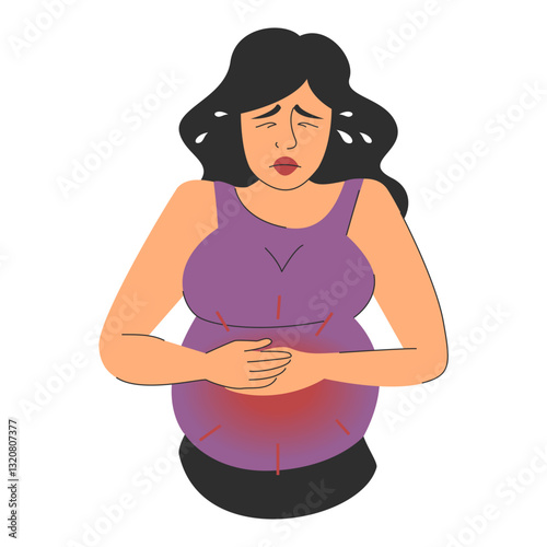 Pregnant woman suffering from stomachache vector isolated. Female character experiencing painful symptom during pregnancy. Concept of maternity, sick woman suffering.