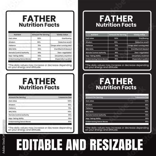 Father Nutrition Facts, Funny Dad Joke Chart EPS Vector, Dad Life Nutrition Facts - Hilarious Fatherhood EPS Design, Funny Father Nutrition Label, Best Dad Gift Vector, Editable Vector Chart.
