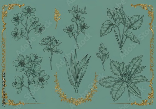Wallpaper Mural A light blue background with a design of flowers and leaves. The design is in a wreath shape and is drawn in a sketch. The leaves are drawn in black and green. The flowers are drawn on a thin line.  Torontodigital.ca