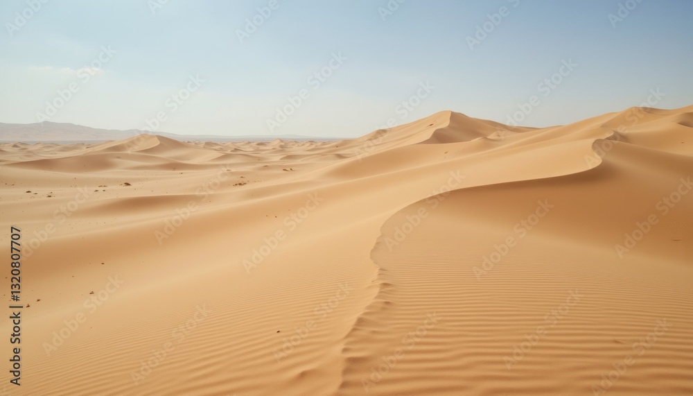 Tranquil Desert Landscape with Endless Sand Dunes Under Bright Blue Sky