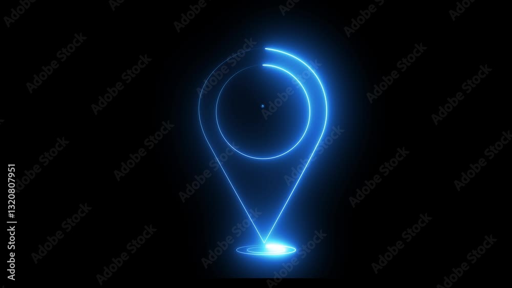Blue glowing neon sign Glowing neon location home map pointer icon on black background. Home location pin animation