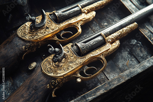 Vintage flintlock pistols showcasing intricate engravings and aged wood