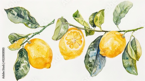 Three Fresh Lemons with Green Leaves, Perfectly Isolated on a Clean White Background, Showcasing Their Vibrant Yellow Color and Natural Freshness