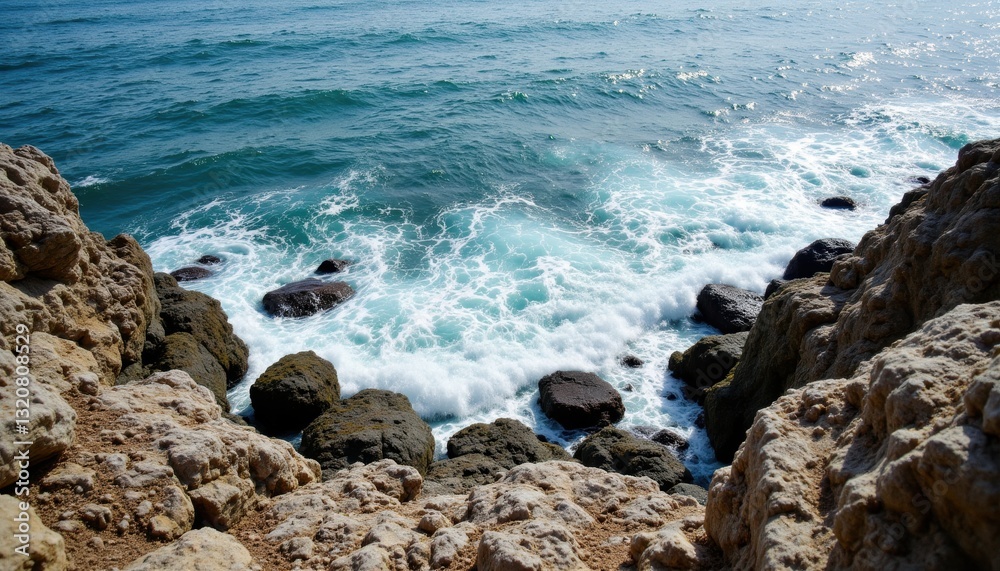 Serene Coastal View with Waves Crashing on Rocky Shoreline Under Bright Blue Sky Serene Coastal View with Waves Crashing on Rocky Shoreline Under Bright Blue Sky