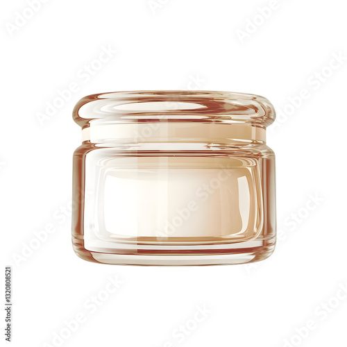 A high-quality, 3D rendered image of a luxurious glass cream jar. 