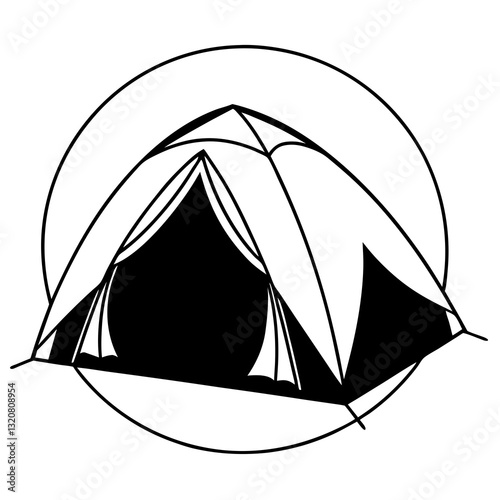  Camping tent inside circular frame black and white.