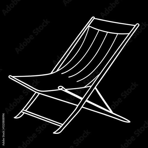 Folding beach chair white outline on black background.