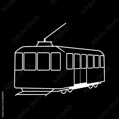 Tram illustration in white outline on black background.