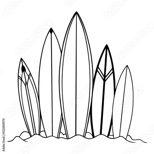  Standing surfboards on the beach line drawing.